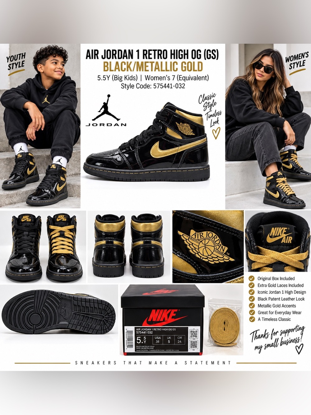 Air Jordan 1 Retro High OG GS Black Metallic Gold 5.5Y Women’s 7 575441-032